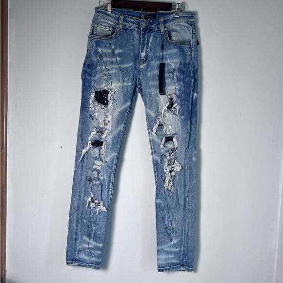 Amiri Paint Splatter Distressed Rhinestone Embellished Skinny Jeans Size 32 NWT